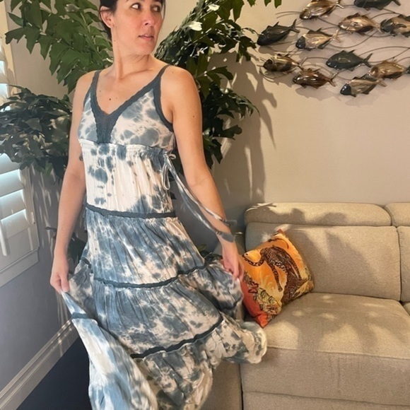 Anthropologie Maxi Dress New Size Tie Dye Blue Tiered Drawstring Boho - Picture 3 of 6